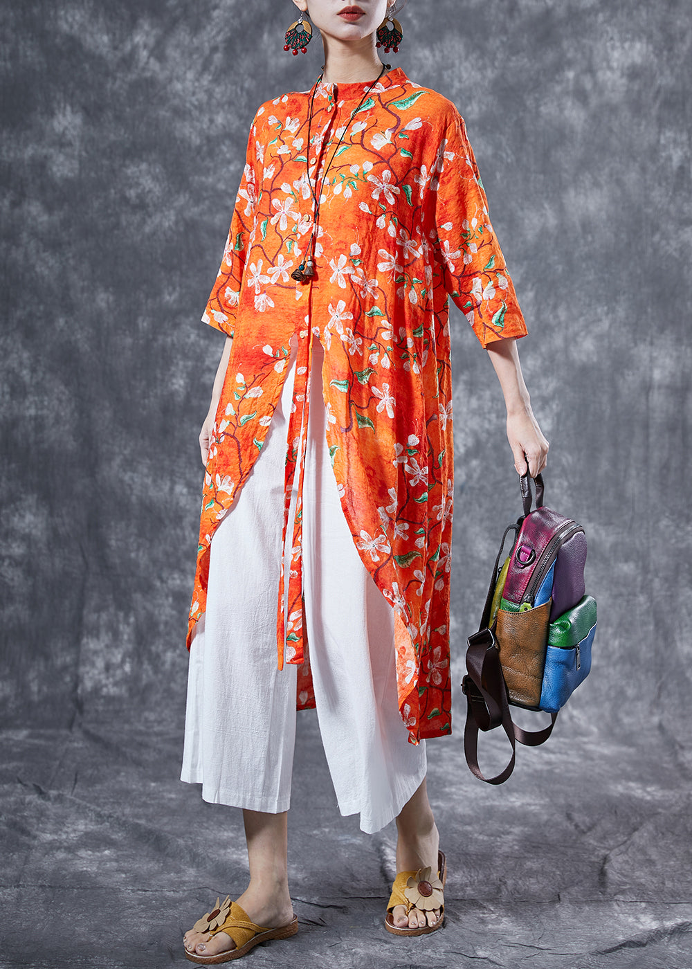 Casual Orange Stand Collar Print Cotton Long Shirt Summer LY4084 - fabuloryshop