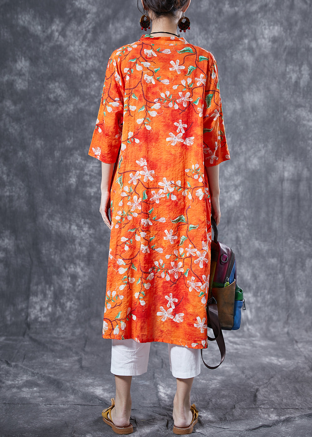 Casual Orange Stand Collar Print Cotton Long Shirt Summer LY4084 - fabuloryshop