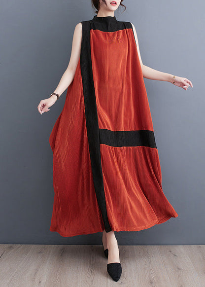 Casual Orange Turtleneck Patchwork Wrinkled Maxi Dress Sleeveless LT4901 - fabuloryshop