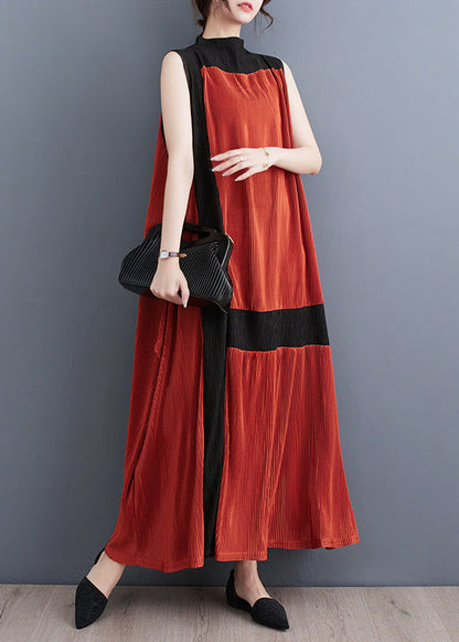 Casual Orange Turtleneck Patchwork Wrinkled Maxi Dress Sleeveless LT4901 - fabuloryshop