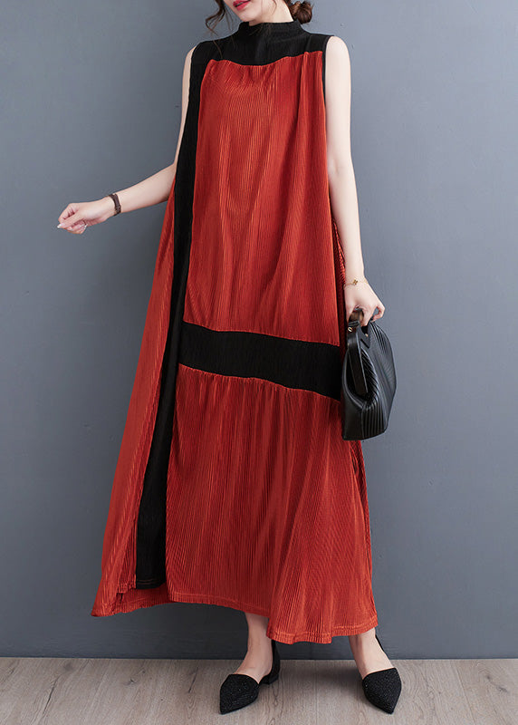 Casual Orange Turtleneck Patchwork Wrinkled Maxi Dress Sleeveless LT4901 - fabuloryshop