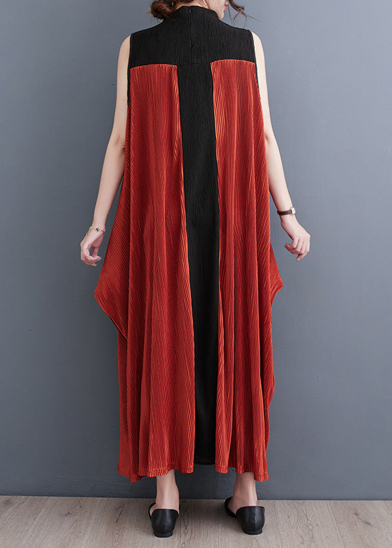 Casual Orange Turtleneck Patchwork Wrinkled Maxi Dress Sleeveless LT4901 - fabuloryshop