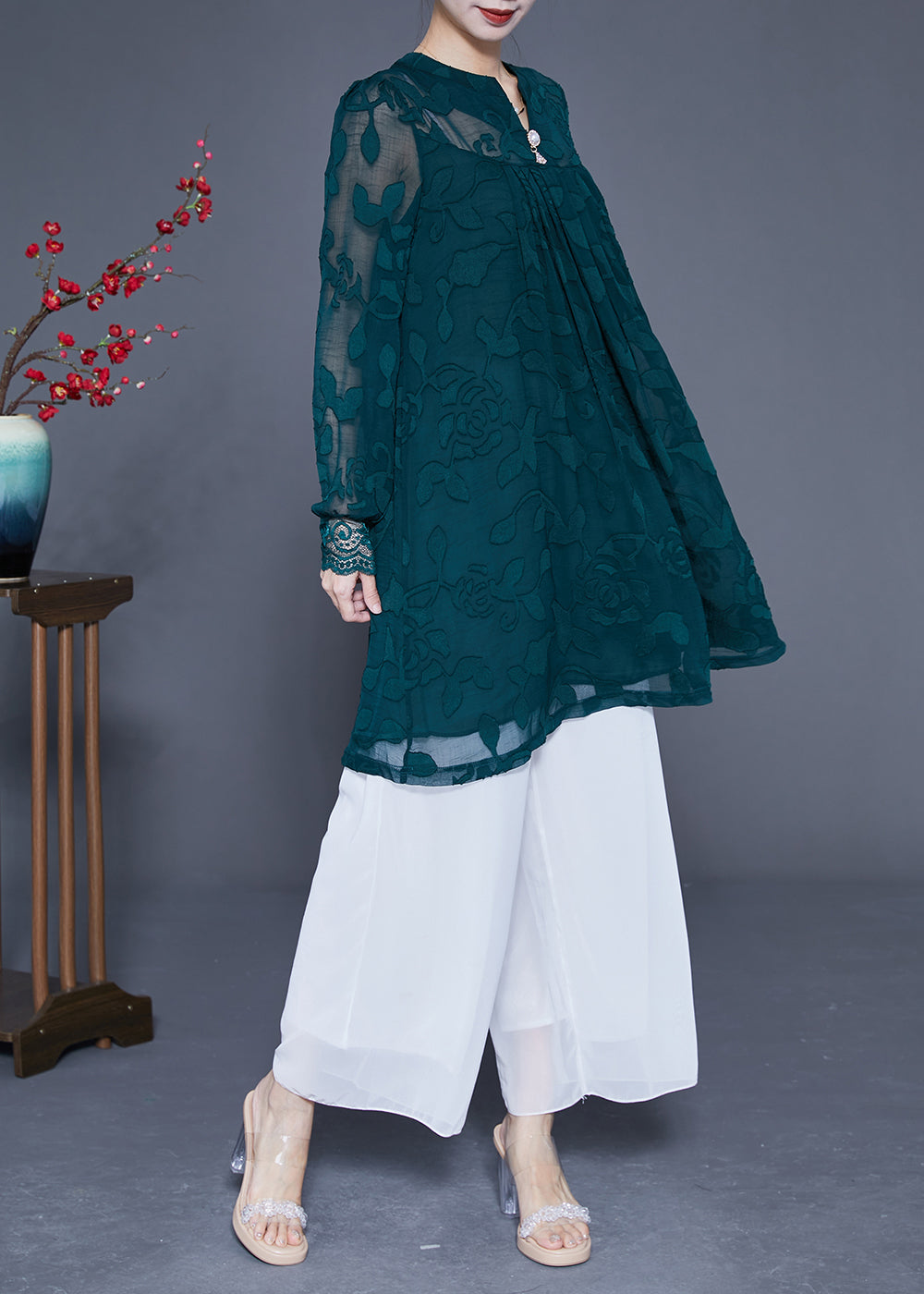 Casual Peacock Green Jacquard Hollow Out Tulle Dress Long Sleeve LY2879