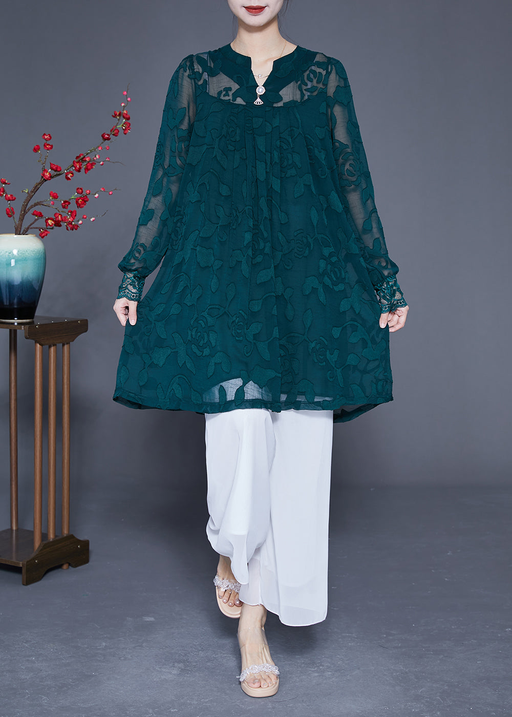 Casual Peacock Green Jacquard Hollow Out Tulle Dress Long Sleeve LY2879