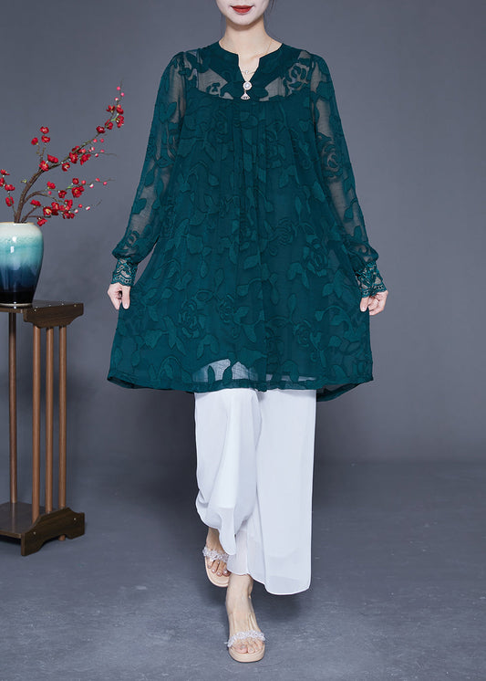 Casual Peacock Green Jacquard Hollow Out Tulle Dress Long Sleeve LY2879 - fabuloryshop