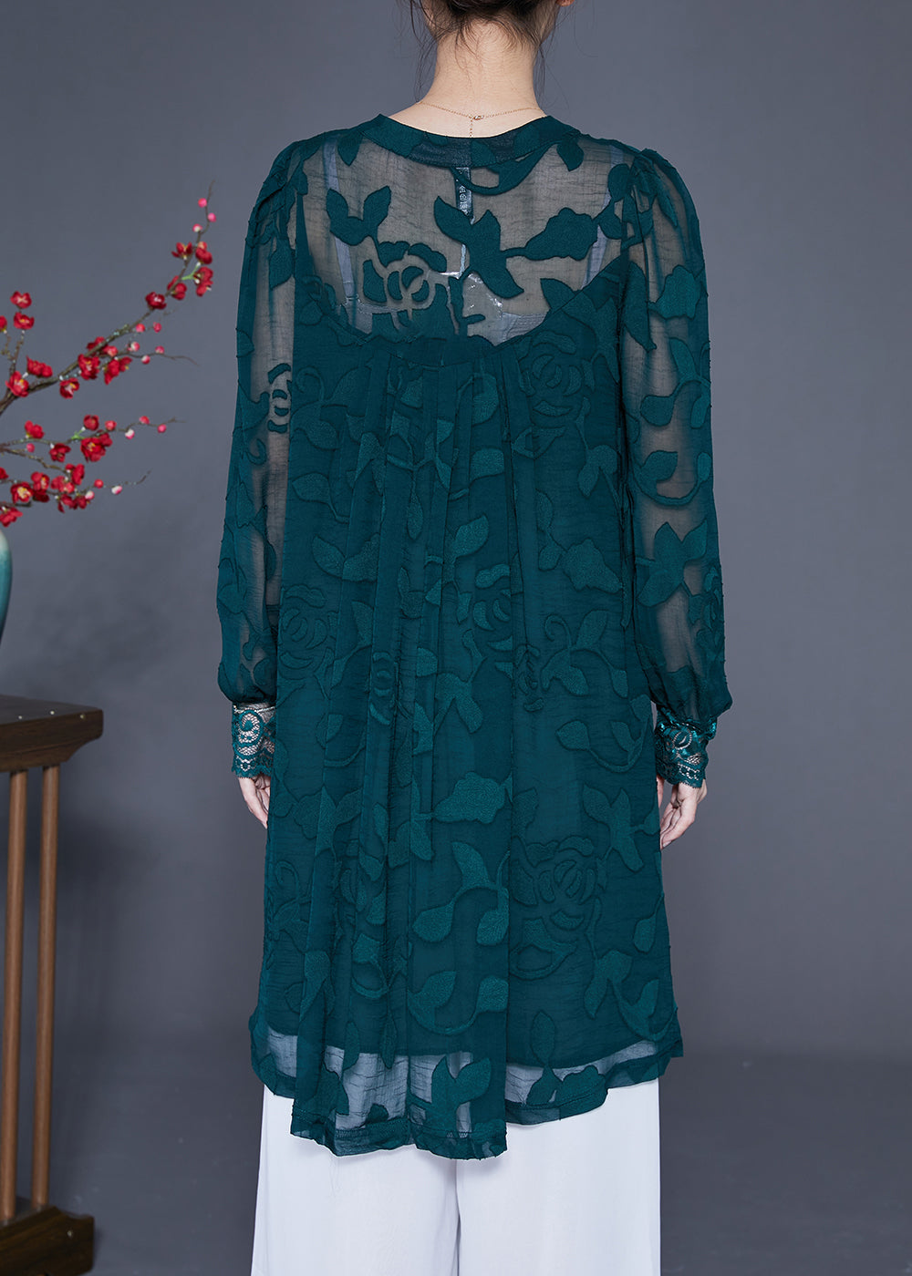 Casual Peacock Green Jacquard Hollow Out Tulle Dress Long Sleeve LY2879 - fabuloryshop