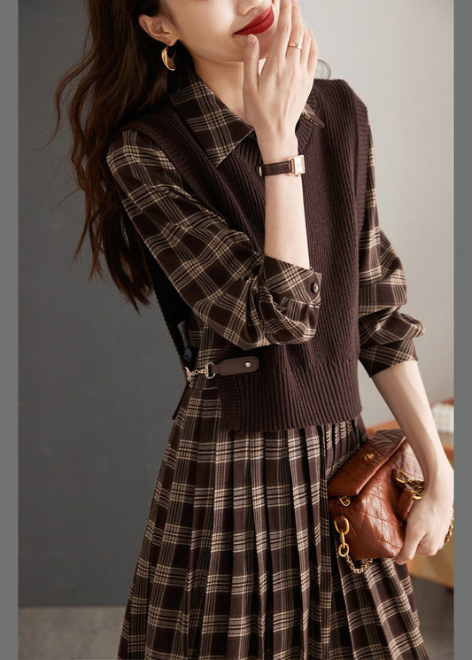 Casual Peter Pan Collar Plaid Knit Waistcoat And Mid DressTwo Pieces Set Spring LY0435 - fabuloryshop