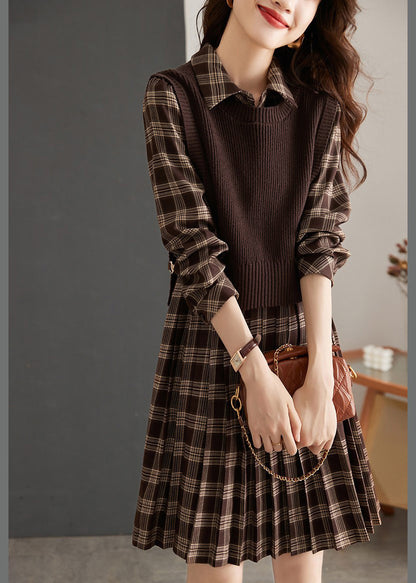 Casual Peter Pan Collar Plaid Knit Waistcoat And Mid DressTwo Pieces Set Spring LY0435 - fabuloryshop