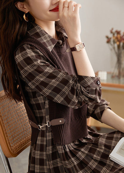 Casual Peter Pan Collar Plaid Knit Waistcoat And Mid DressTwo Pieces Set Spring LY0435 - fabuloryshop