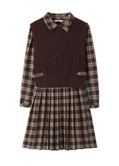 Casual Peter Pan Collar Plaid Knit Waistcoat And Mid DressTwo Pieces Set Spring LY0435 - fabuloryshop