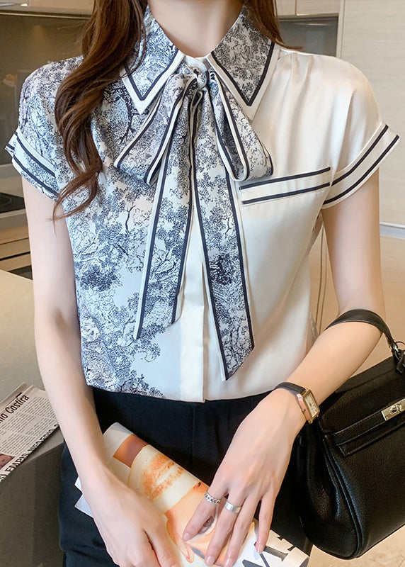 Casual Peter Pan Collar Print Bow Silk Shirts Summer LY0388 - fabuloryshop