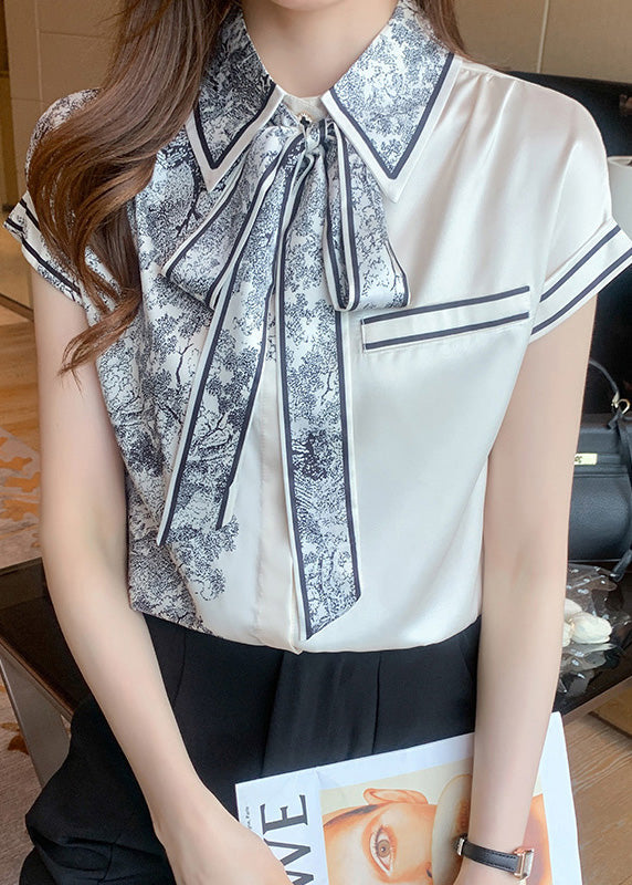 Casual Peter Pan Collar Print Bow Silk Shirts Summer LY0388 - fabuloryshop