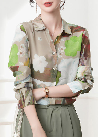 Casual Peter Pan Collar Print Button Silk Shirts Spring LY0398 - fabuloryshop