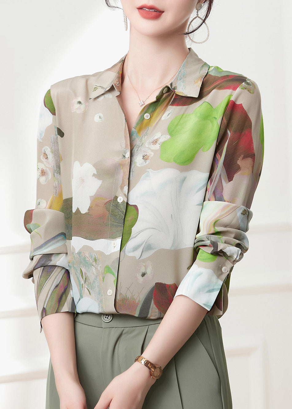 Casual Peter Pan Collar Print Button Silk Shirts Spring LY0398 - fabuloryshop