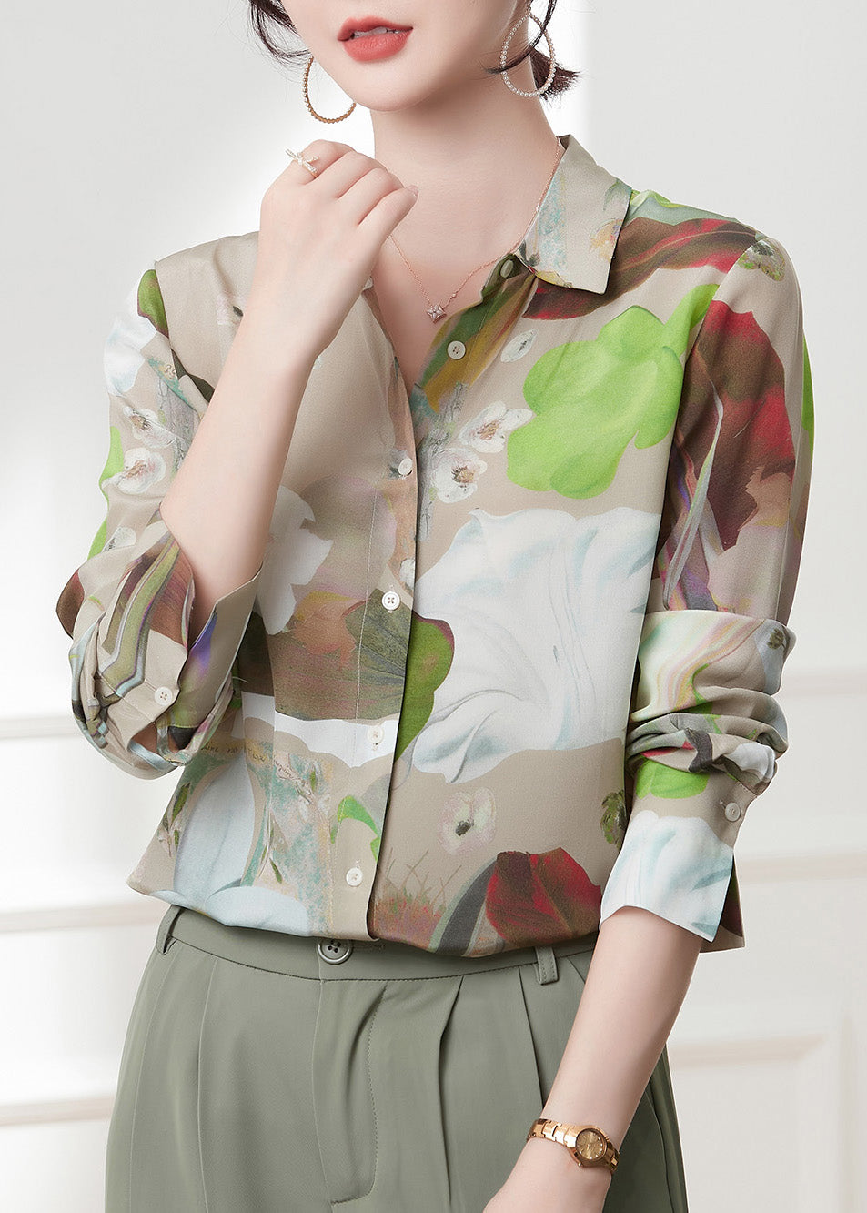 Casual Peter Pan Collar Print Button Silk Shirts Spring LY0398 - fabuloryshop