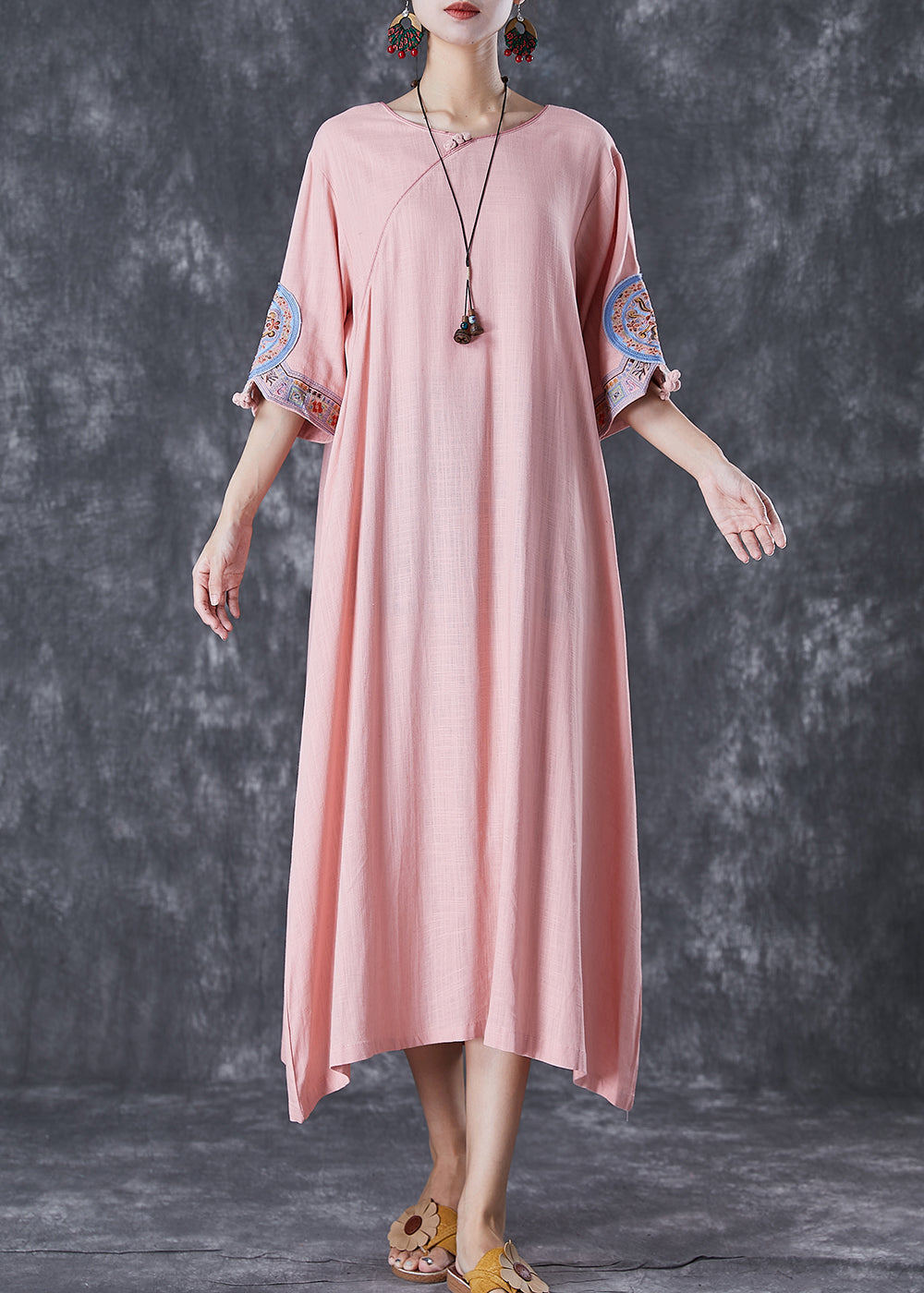 Casual Pink Embroideried Linen A Line Dress Half Sleeve Ada Fashion