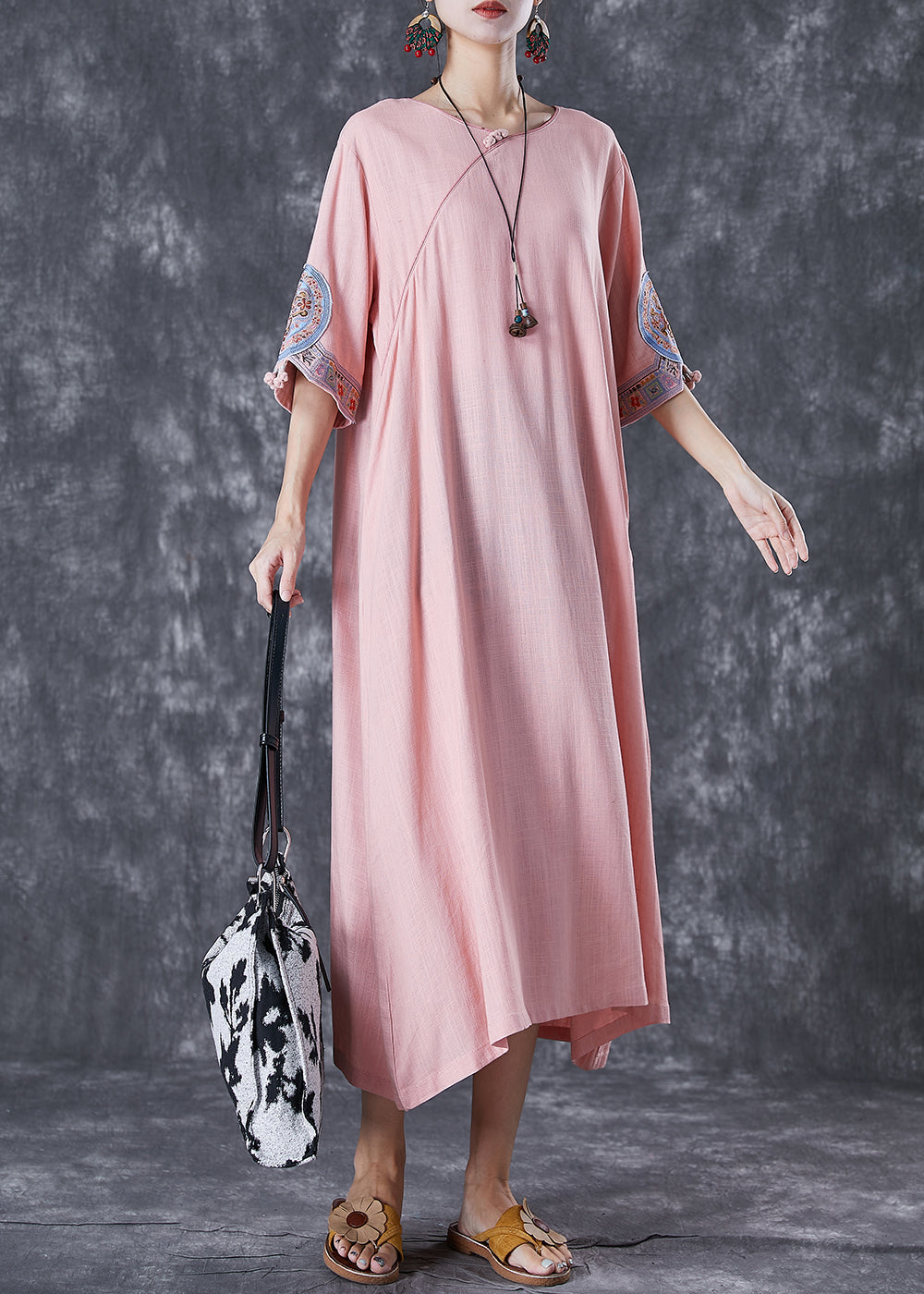 Casual Pink Embroideried Linen A Line Dress Half Sleeve Ada Fashion