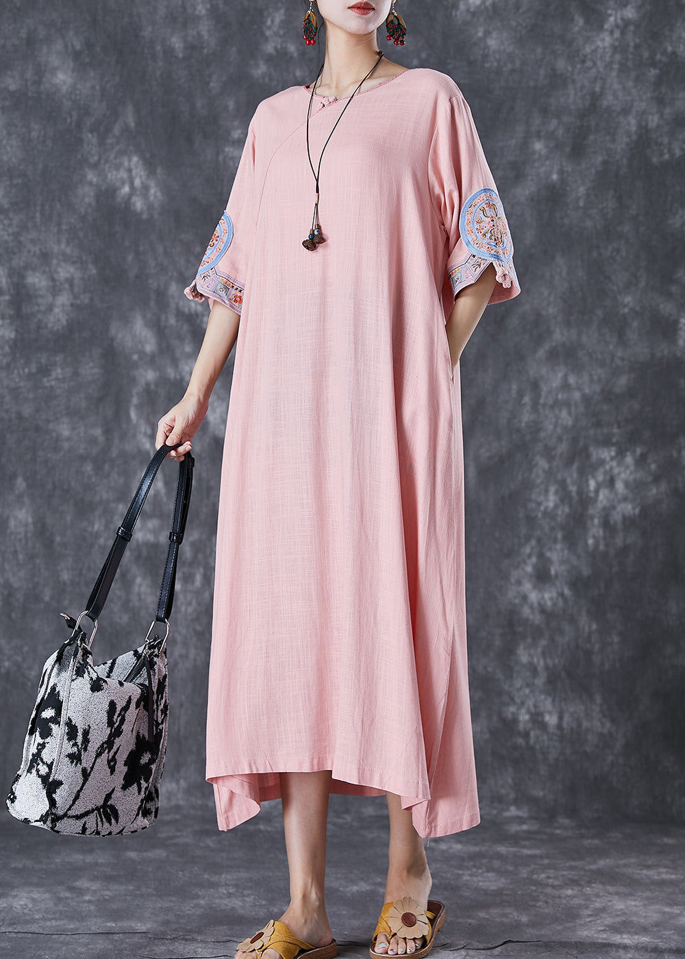 Casual Pink Embroideried Linen A Line Dress Half Sleeve Ada Fashion