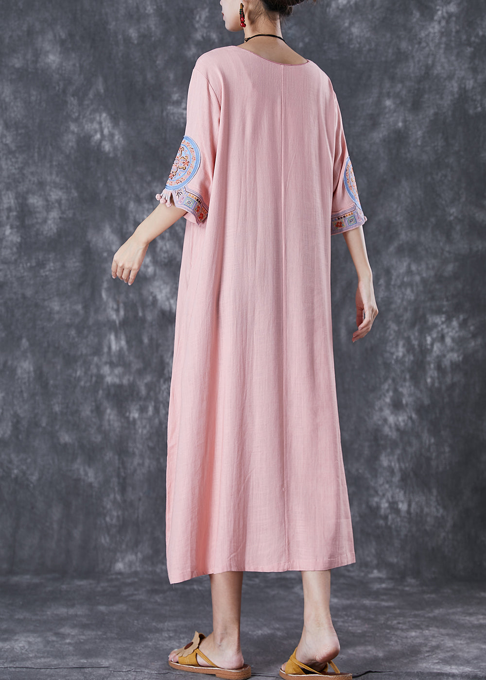 Casual Pink Embroideried Linen A Line Dress Half Sleeve Ada Fashion