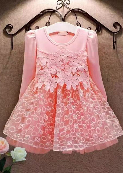 Casual Pink Hollow Out Floral Tulle Patchwork Girls Mid Dress Fall Ada Fashion