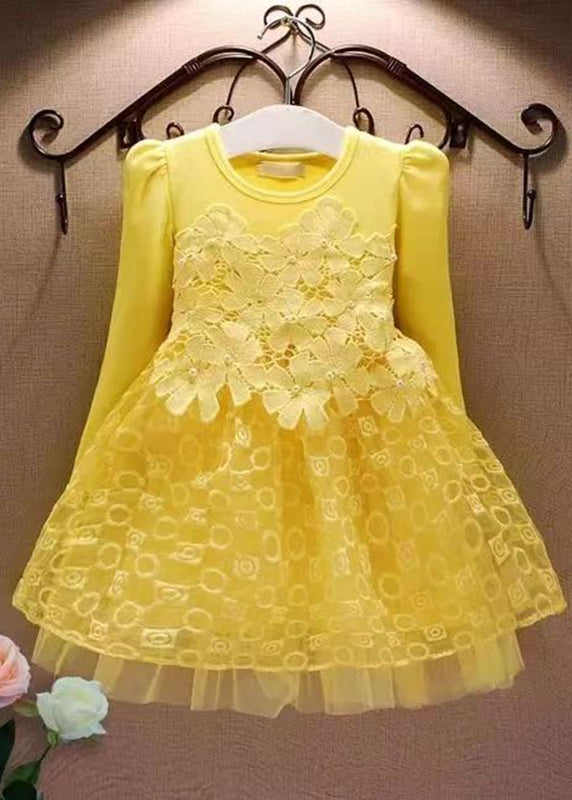 Casual Pink Hollow Out Floral Tulle Patchwork Girls Mid Dress Fall Ada Fashion