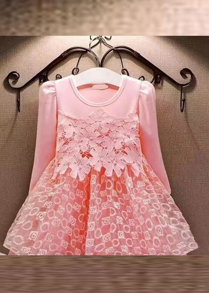 Casual Pink Hollow Out Floral Tulle Patchwork Girls Mid Dress Fall Ada Fashion