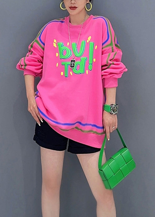 Casual Pink O Neck Letter Printing Patchwork Cotton Sweatshirt Fall Ada Fashion