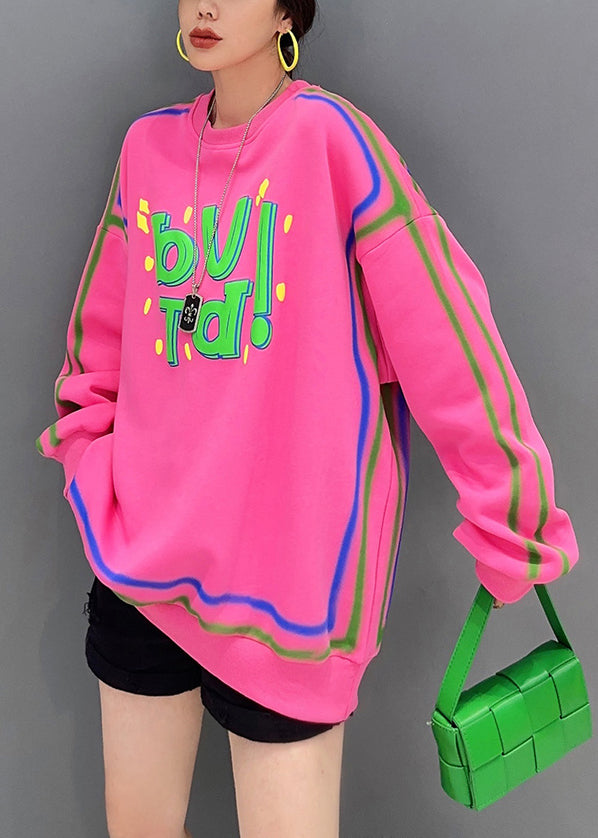 Casual Pink O Neck Letter Printing Patchwork Cotton Sweatshirt Fall Ada Fashion