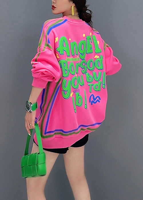 Casual Pink O Neck Letter Printing Patchwork Cotton Sweatshirt Fall Ada Fashion