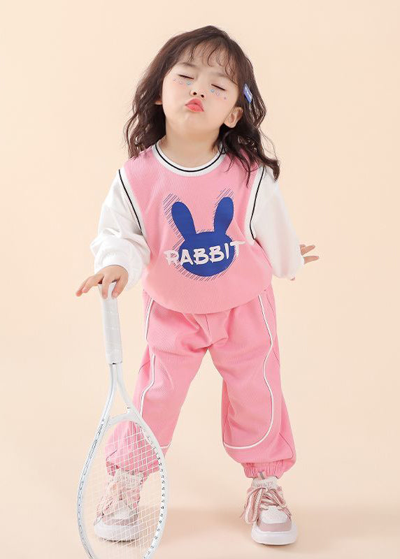 Casual Pink O Neck Print Patchwork Cotton Kids Two Piece Set Fall Ada Fashion