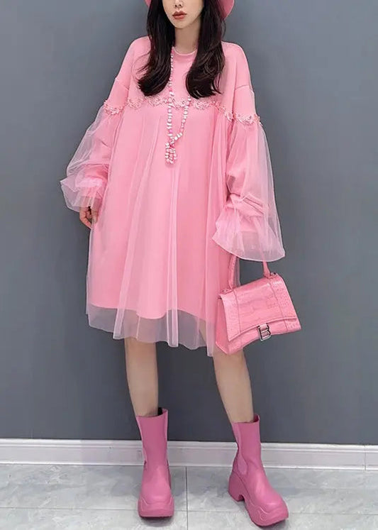 Casual Pink O Neck Tulle Patchwork Cotton Mid Dresses Fall Ada Fashion