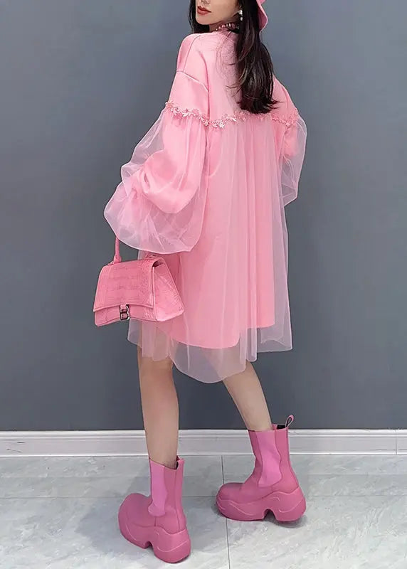 Casual Pink O Neck Tulle Patchwork Cotton Mid Dresses Fall Ada Fashion