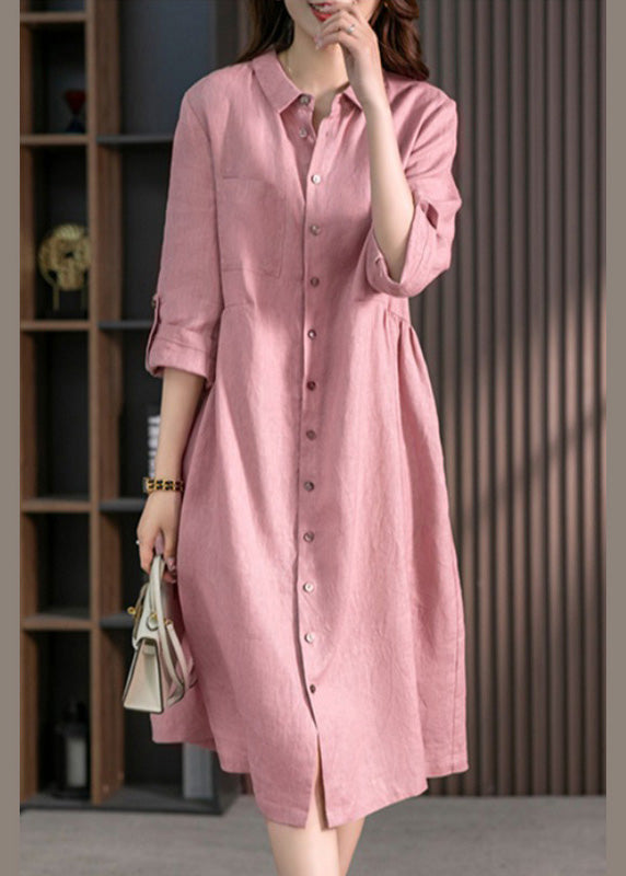 Casual Pink Peter Pan Collar Button Wrinkled Maxi Dresses Long Sleeve LY1739 - fabuloryshop