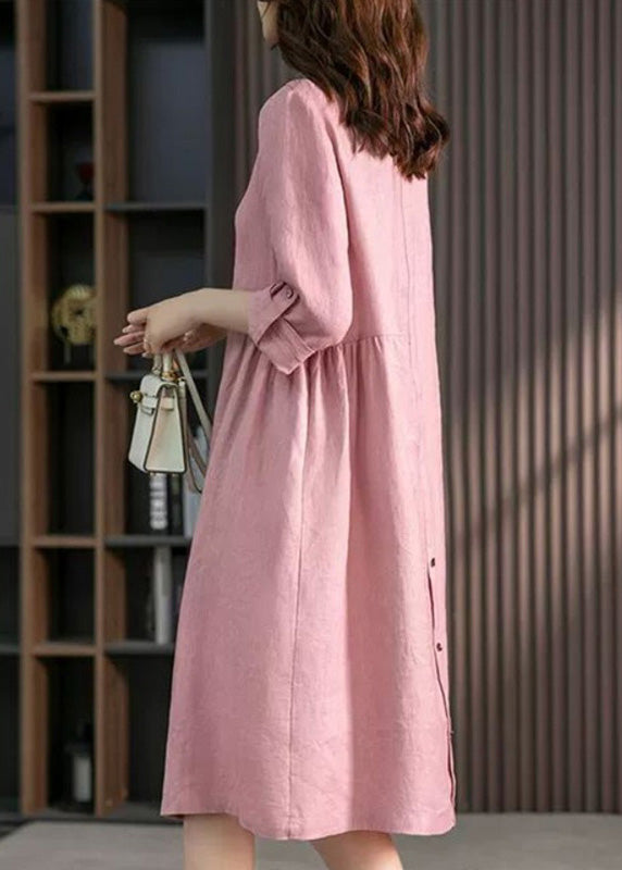 Casual Pink Peter Pan Collar Button Wrinkled Maxi Dresses Long Sleeve LY1739 - fabuloryshop