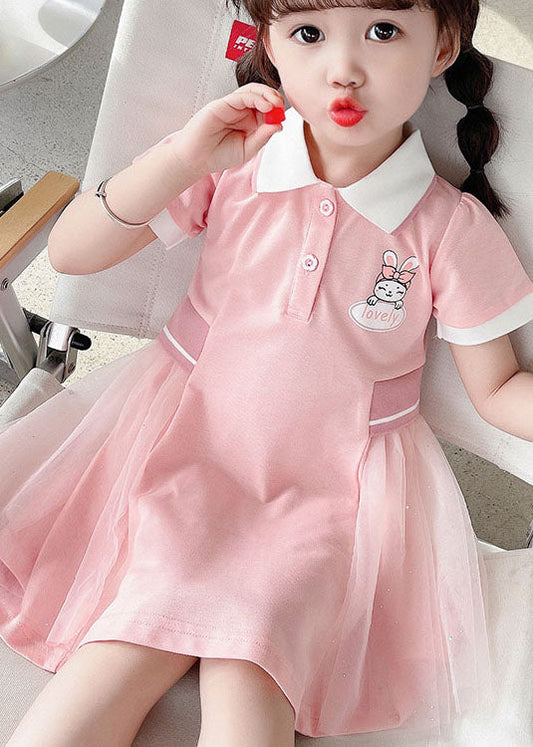 Casual Pink Peter Pan Collar Tulle Patchwork Cotton Kids Girls Dress Summer LY5448 - fabuloryshop