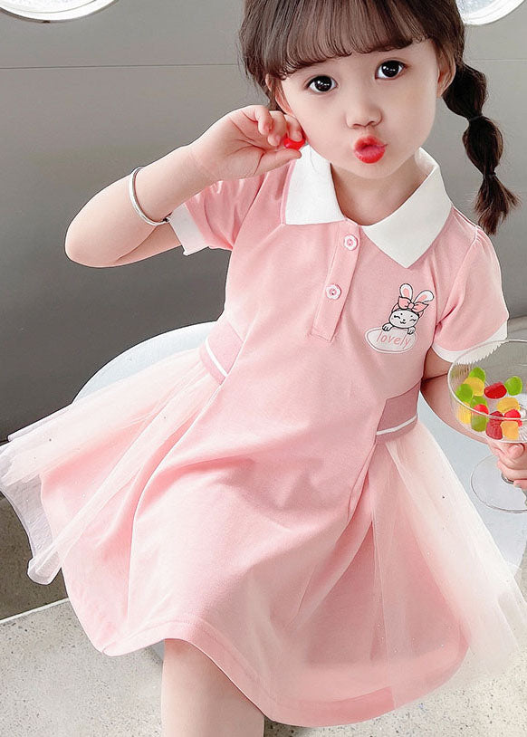 Casual Pink Peter Pan Collar Tulle Patchwork Cotton Kids Girls Dress Summer LY5448 - fabuloryshop