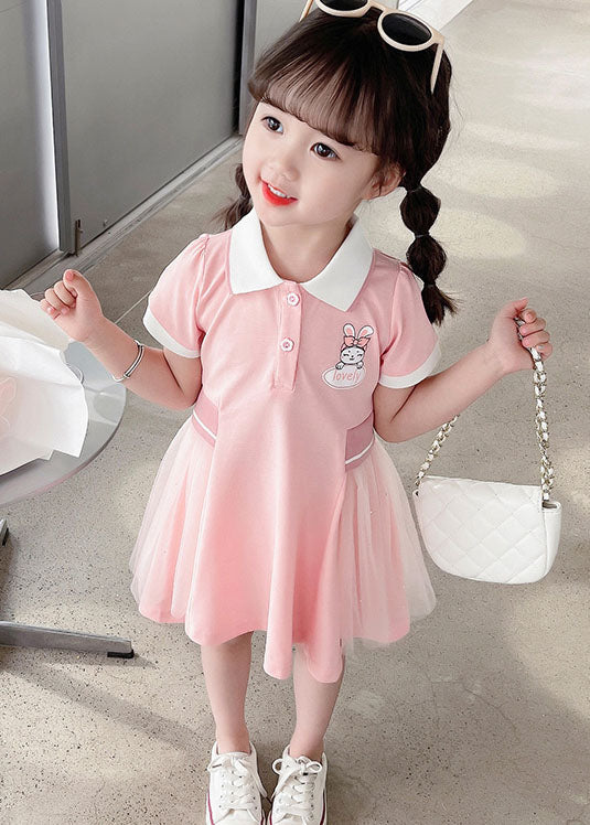 Casual Pink Peter Pan Collar Tulle Patchwork Cotton Kids Girls Dress Summer LY5448 - fabuloryshop