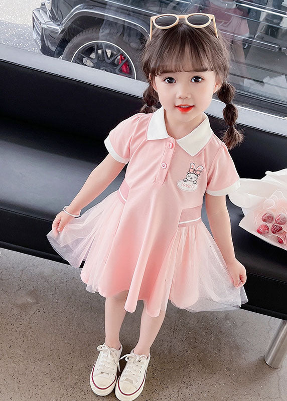 Casual Pink Peter Pan Collar Tulle Patchwork Cotton Kids Girls Dress Summer LY5448 - fabuloryshop