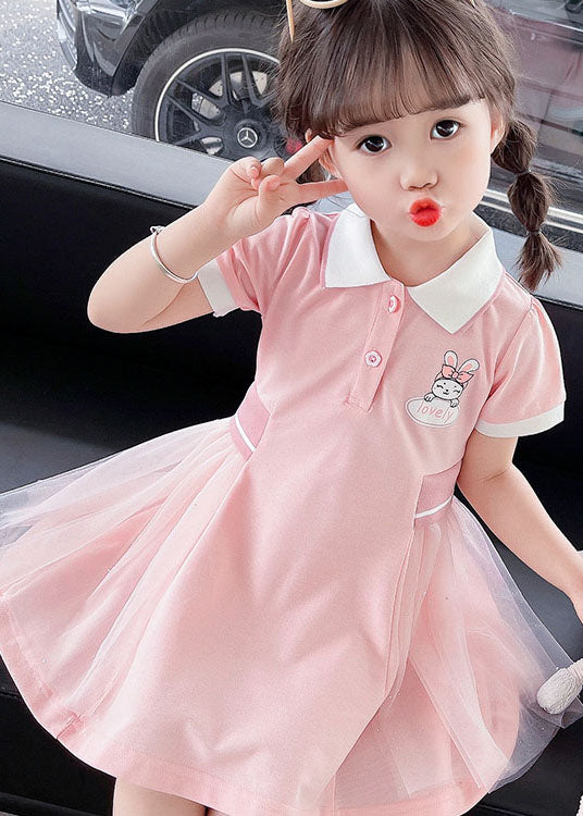 Casual Pink Peter Pan Collar Tulle Patchwork Cotton Kids Girls Dress Summer LY5448 - fabuloryshop