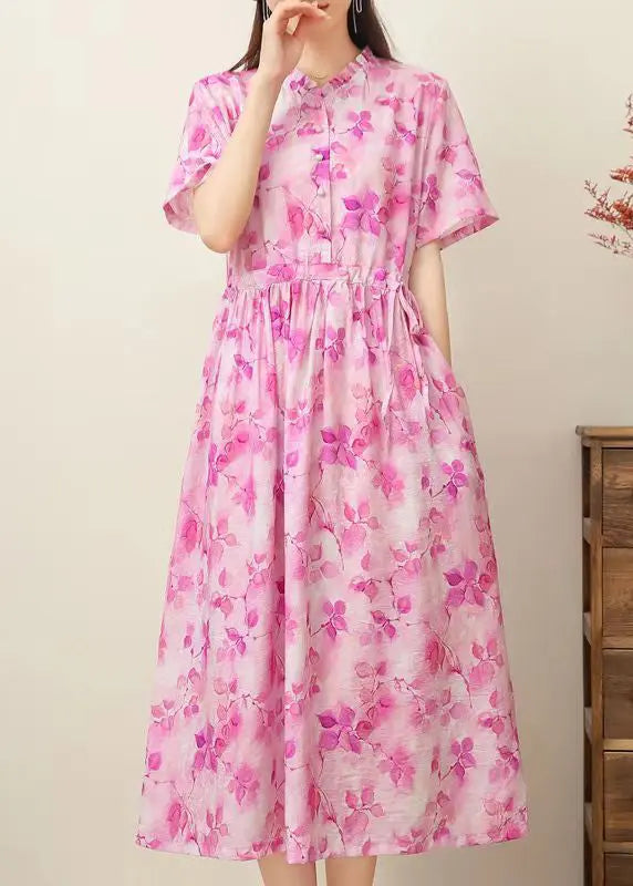 Casual Pink Print Ruffled Patchwork Drawstring Silk Linen Long Dress Short Sleeve Ada Fashion