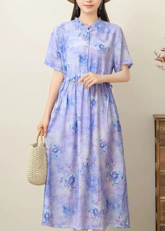 Casual Pink Print Ruffled Patchwork Drawstring Silk Linen Long Dress Short Sleeve Ada Fashion