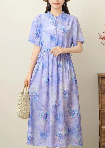 Casual Pink Print Ruffled Patchwork Drawstring Silk Linen Long Dress Short Sleeve Ada Fashion