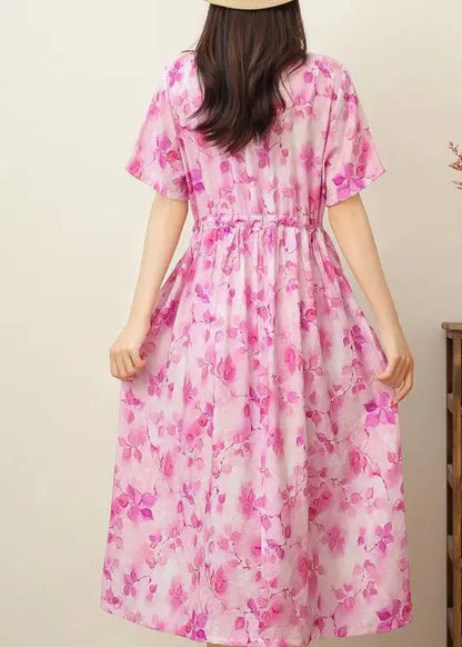 Casual Pink Print Ruffled Patchwork Drawstring Silk Linen Long Dress Short Sleeve Ada Fashion