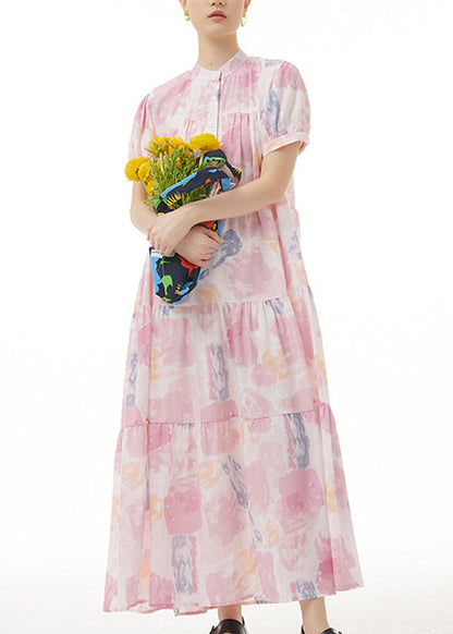 Casual Pink Stand Collar Patchwork Maxi Dress Summer Short Sleeve LY1200 - fabuloryshop