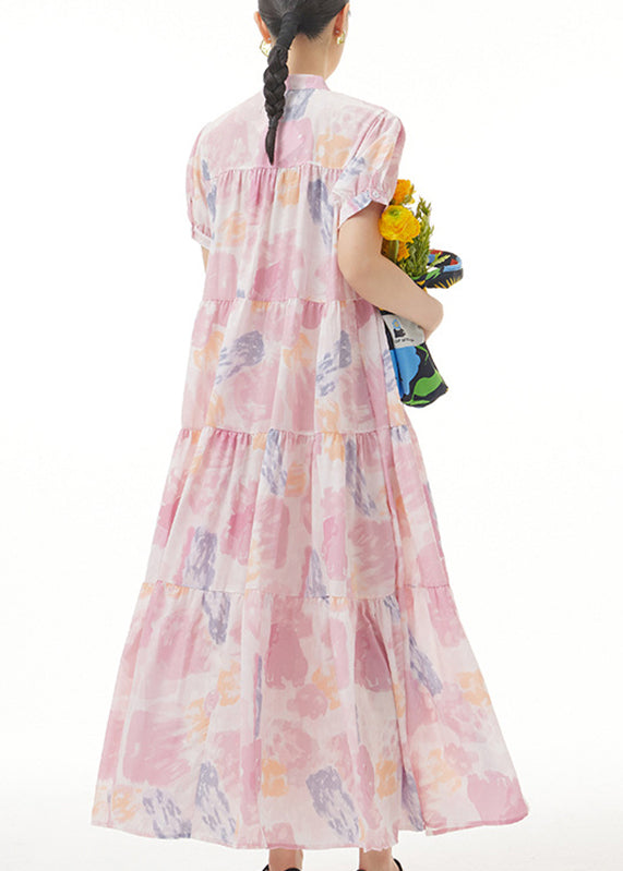 Casual Pink Stand Collar Patchwork Maxi Dress Summer Short Sleeve LY1200 - fabuloryshop