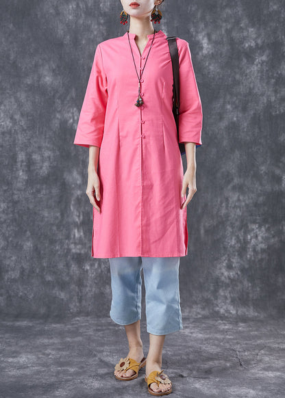 Casual Pink V Neck Button Cotton Shirt Dresses Bracelet Sleeve LY4062 - fabuloryshop