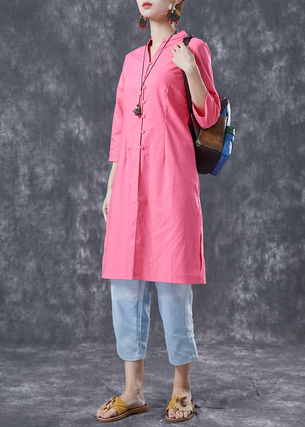 Casual Pink V Neck Button Cotton Shirt Dresses Bracelet Sleeve LY4062 - fabuloryshop