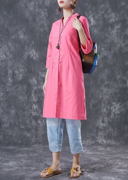 Casual Pink V Neck Button Cotton Shirt Dresses Bracelet Sleeve LY4062 - fabuloryshop