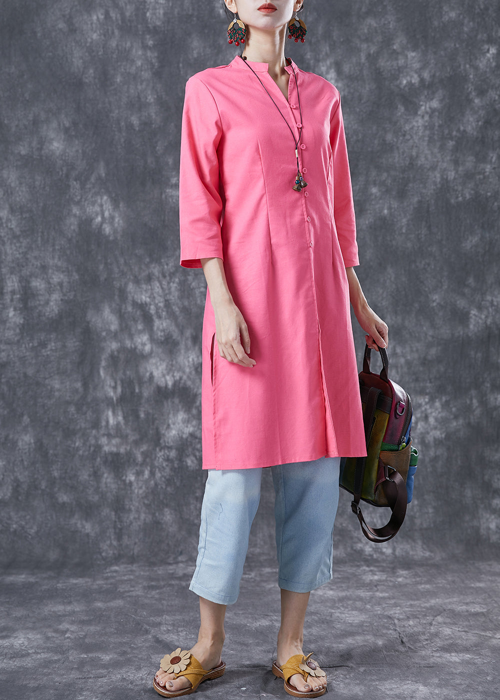 Casual Pink V Neck Button Cotton Shirt Dresses Bracelet Sleeve LY4062 - fabuloryshop