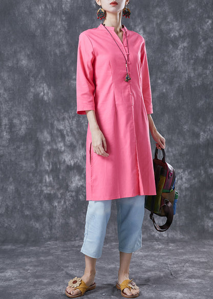 Casual Pink V Neck Button Cotton Shirt Dresses Bracelet Sleeve LY4062 - fabuloryshop